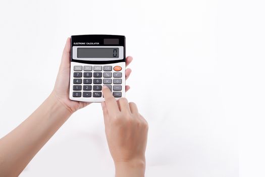 calculator in woman hand isolated on white , clipping path include