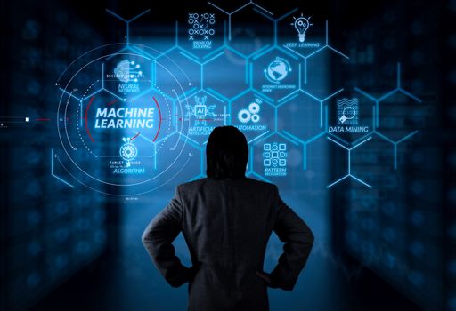 Machine learning technology diagram with artificial intelligence (AI),neural network,automation,data mining in VR screen.businessman working with computer virtual screen.