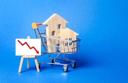 Wooden houses in a shopping cart and an easel with a red down arrow. Fall of real estate market. Cheap rent. Reduced demand, recession. Low sales. Value cost decrease. Bad liquidity attractiveness.