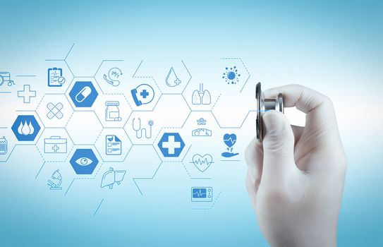 Health care and medical services concept with flat line AR interface.Stethoscope in hand with patient word as medical concept