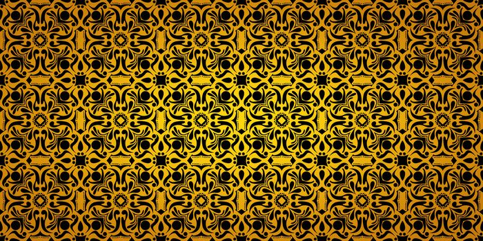 Seamless wide gradient pattern black and gold vintage floral background 