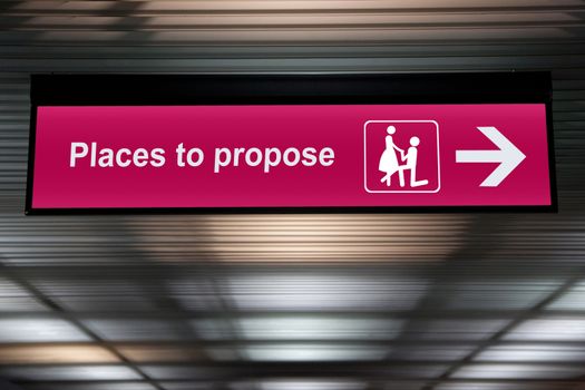 pink place to propose sign hanging from ceiling , proposal marriage concept
