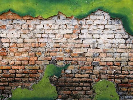 vintage background texture old masonry stone brown bricks on the ancient green cement with cracks.