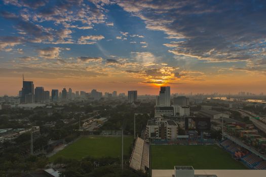 Bangkok, Thailand - December 30, 2016 : Sunshine morning time of Bangkok city with PAT Football stadium. Bangkok is the capital and the most populous city of Thailand.