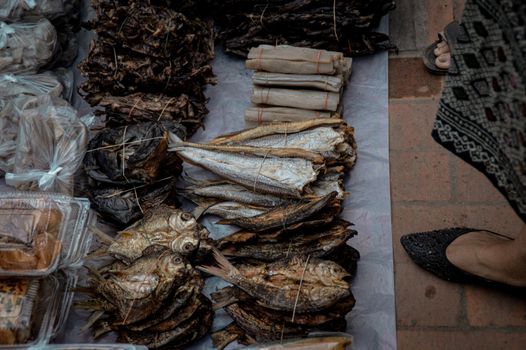 Dried fish sold in Luang Prabang Morning Market in Laos that shows the life, culture and livelihood of the local people