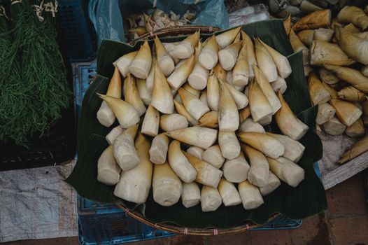 Naw mai or No mai (Bamboo shoots), popular exotic vegetable for soup in traditional Laos cuisine and sold in the Luang Prabang morning market
