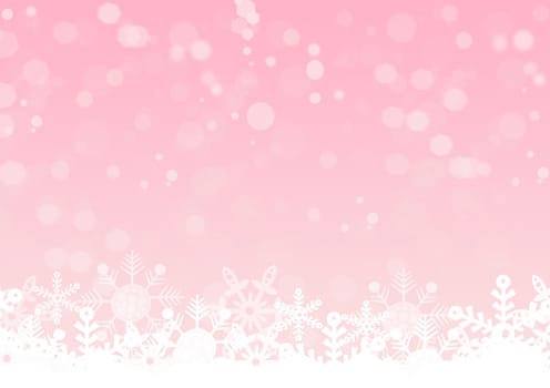 Winter background with snowflakes. White snow flakes on bottom side with bokeh on pink color background