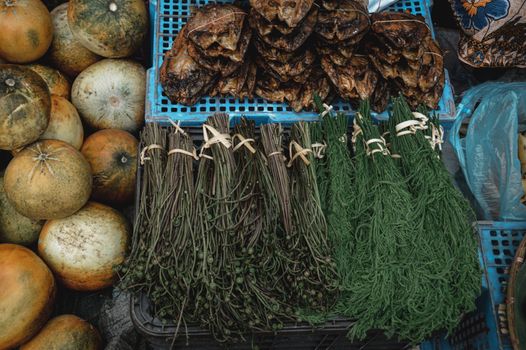 Edible ferns sold as exotic vegetables in Luang Prabang Morning Market in Laos that shows the life, culture and livelihood of the local people