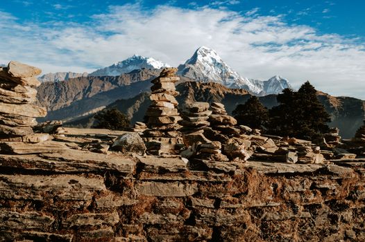 Cairn rock formation along the trail to Annapurna Base Camp in Ghorepani Poon hill in Nepal