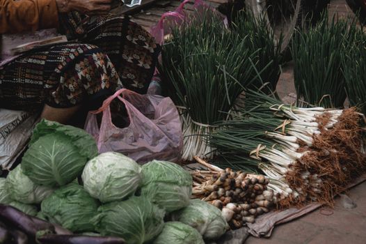 Vendor selling vegetables in Luang Prabang Morning Market in Laos that shows the life, culture and livelihood of the local people
