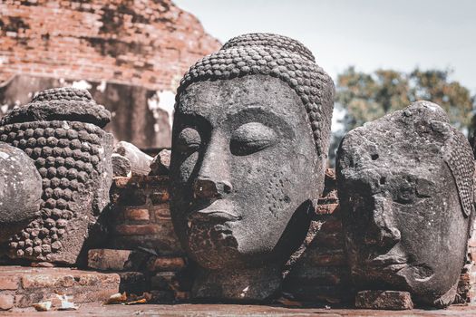 Ancient stone buddha head in Ayutthaya Historical Park, a unesco heritage site and tourist attraction in Thailand