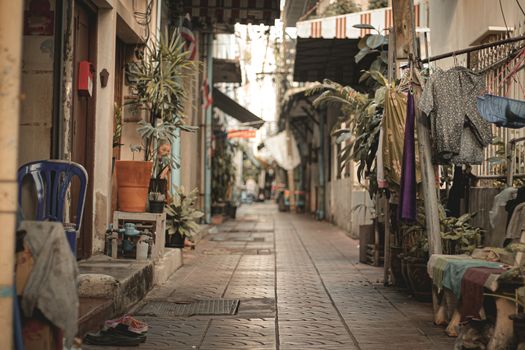 Empty deserted alleyways of Chinatown (Yaowarat Road) in Bangkok, Thailand during the lock down and home quarantine due to the covid-19 pandemic showing the new normal life