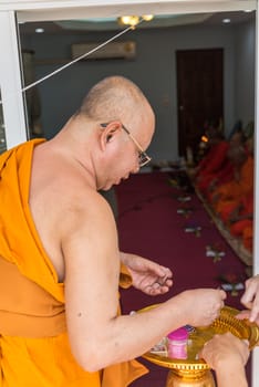 Ang Thong, Thailand - May 21, 2017 : Thai monk ritual for cerebrate the new house or house-warming ceremony in buddhist in Thailand