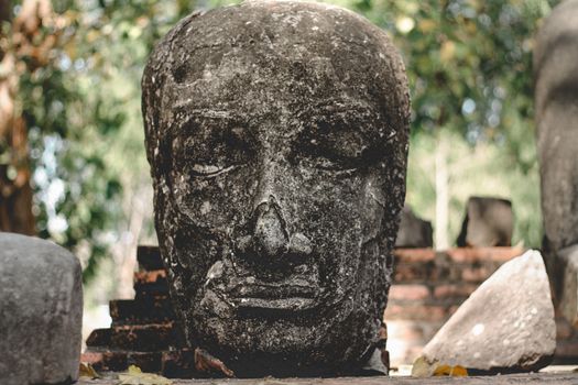 Ancient stone buddha head in Ayutthaya Historical Park, a unesco heritage site and tourist attraction in Thailand
