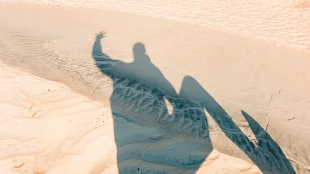 Dancing shadow silhouette on the dessert, showing concept of happiness, positivity, wellness and being carefree
