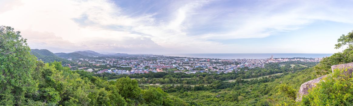 Prachuap Khiri Khan, Thailand - June 17, 2017 : Panorama cityscape view from mountain of Hua Hin. Hua Hin is city for travel in Thailand beautiful beach, sea, hotel and resort at Prachuap Khiri Khan.