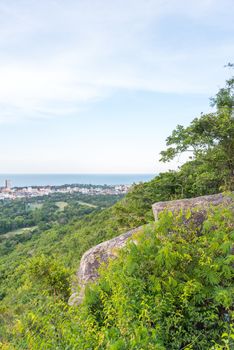 Prachuap Khiri Khan, Thailand - June 17, 2017 : Cityscape view from mountain of Hua Hin. Hua Hin is favourite city for travel in Thailand beautiful beach, sea, hotel and resort at Prachuap Khiri Khan.