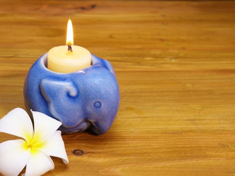 image of a blue ceramic elephant shape candle holder with a white candle and a white tropical flower on a wooden background