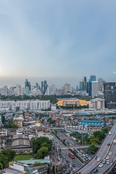 Bangkok, Thailand - May 25, 2018 : Cityscape and building of city in storm clouds sky from skyscraper of Bangkok. Bangkok is the capital and the most populous city of Thailand.