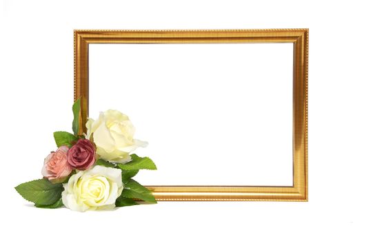 Vintage gold colored wooden frame and beautiful flowers. Mock up template with copy space for text. White background.