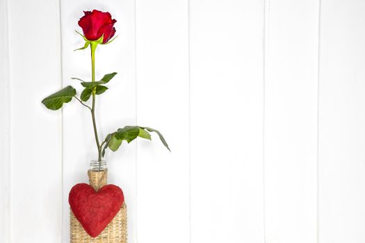 A single beautiflul red rose in a bamboo vase. White painted teak wood background.