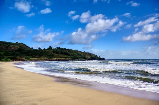 The beach along the coast of Kauai, Hawaii.