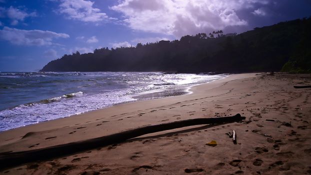 The beach along the coast of Kauai, Hawaii.