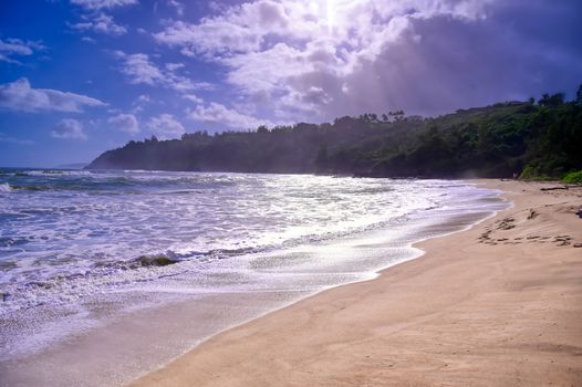 The beach along the coast of Kauai, Hawaii.