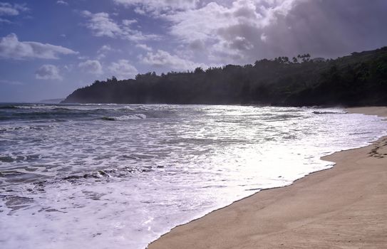 The beach along the coast of Kauai, Hawaii.