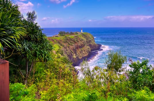 The Kilauea Lighthouse on the coast of Kauai, Hawaii.