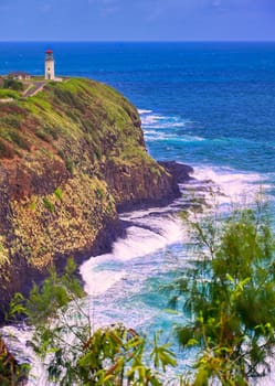 The Kilauea Lighthouse on the coast of Kauai, Hawaii.