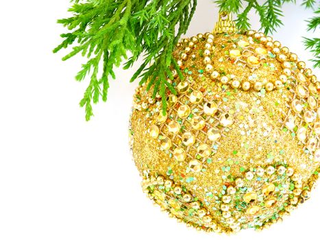 closeup image of a gold Christmas ball on a twig of an evergreen tree, isolated on white background