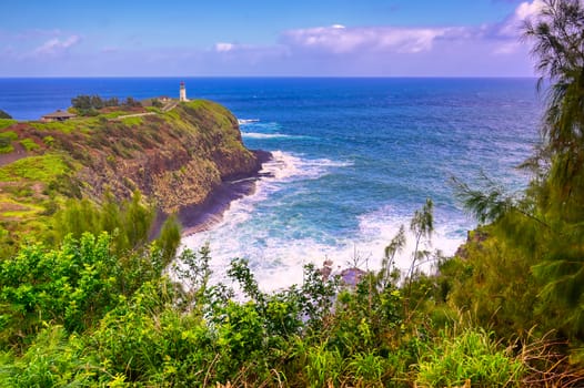 The Kilauea Lighthouse on the coast of Kauai, Hawaii.