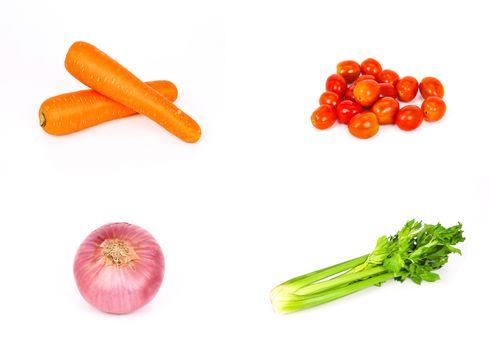 vegetable with high nutritional value such as carrots, tomatoes, celery, and onion, shown in set of four, isolated on white background