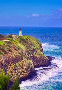 The Kilauea Lighthouse on the coast of Kauai, Hawaii.