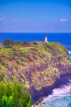 The Kilauea Lighthouse on the coast of Kauai, Hawaii.