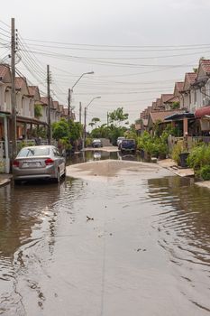Bangkok, Thailand - May 15, 2016 : Water flood village in Don Mueang district. Problem with the drainage system.