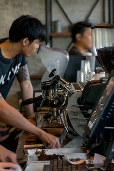 Chanthaburi, Thailand - May 6, 2016 : Coffee maker machine cafe make a hot coffee. Coffee is a beverage that has been popular.