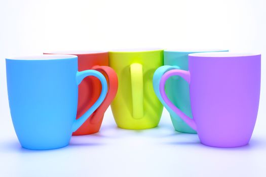 colorful coffee mugs on white background