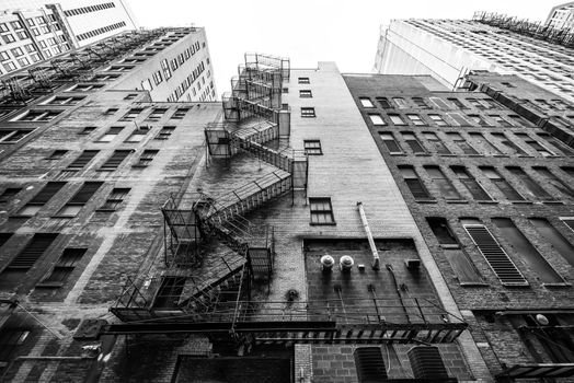 Chicago skyscrapers in wide angle perspective, black and white photo. Illinois, USA