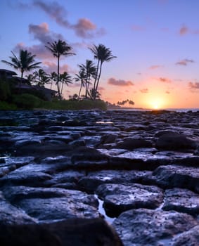 Sunrise over the coast of Kauai, Hawaii,