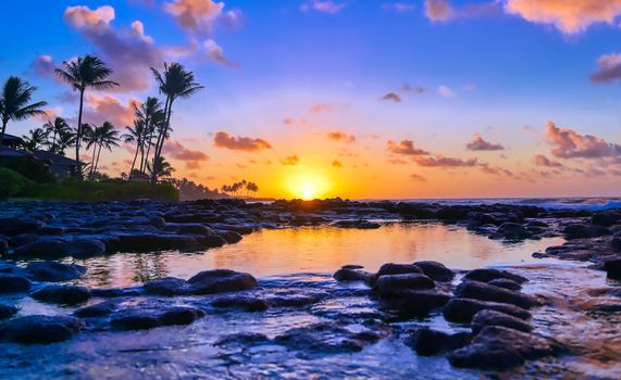 Sunrise over the coast of Kauai, Hawaii,