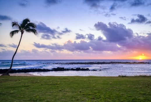 Sunset over the coast of Kauai, Hawaii.