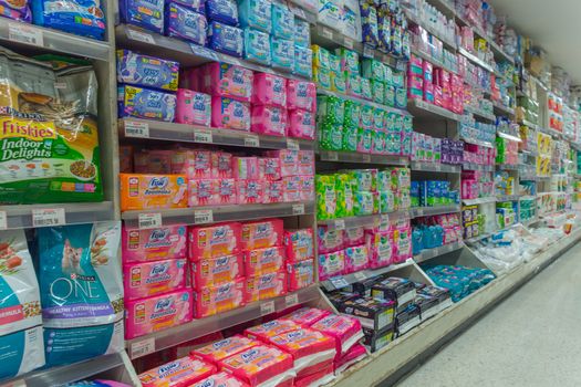 Bangkok, Thailand - June 20, 2016 : Many types of sanitary napkin for menstruation in supermarket.