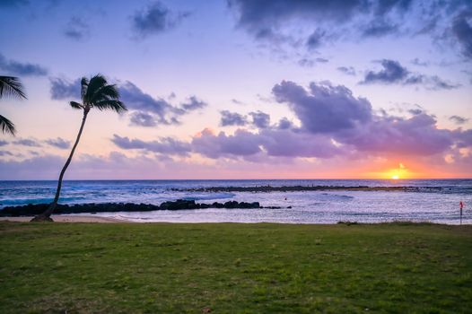 Sunset over the coast of Kauai, Hawaii.