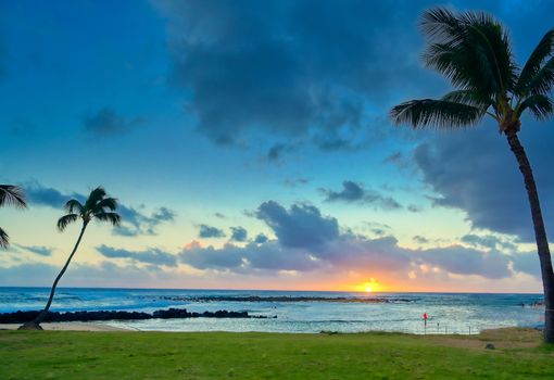 Sunset over the coast of Kauai, Hawaii.