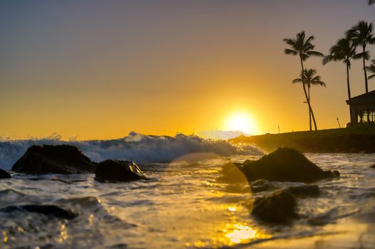 Sunset over the coast of Kauai, Hawaii.