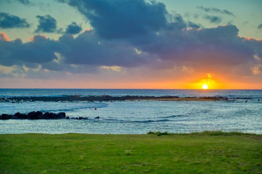 Sunset over the coast of Kauai, Hawaii.