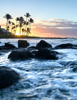 Sunrise over the coast of Kauai, Hawaii.