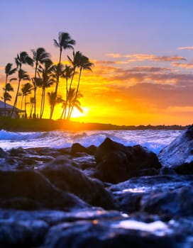 Sunrise over the coast of Kauai, Hawaii.